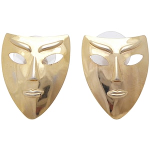 1980s Vintage gold face masquerade mask sculptural minimal minimalist unusual weird funky strange shiny earrings