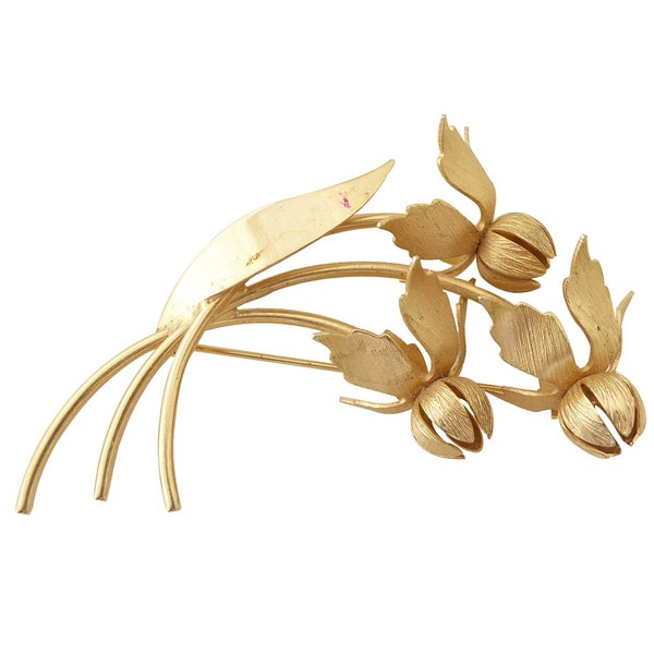 1950s Vintage 2.5" brushed gold seed pod flower bouquet sculptural wave wavy floral retro long big rockabilly large chunky statement brooch