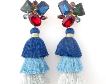 Dramatic and colorful long shoulder duster vintage 1980s red blue purple green rhinestone cluster clip on earrings with chunky tassels