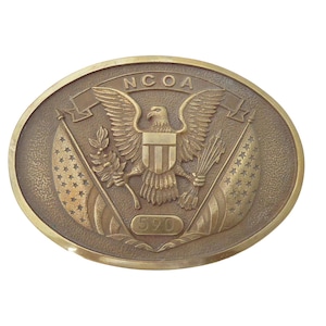 1970s Vintage NCOA noncommissioned officer academy air force american bald eagle symbol flag brass oval chunky patriotic lobo belt buckle