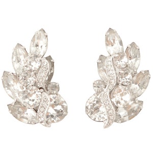 1960s Vintage 1.75&quot; Eisenberg silver rhinestone navette marquise ice sparkly chunky statement high fashion glam designer clip on earrings