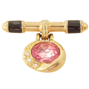 1990s Vintage gold and black enamel bar pink oval rhinestone colorful sparkly cute fun brooch