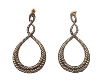 2000s Y2K Vintage 2.75" antique brass rope figure eight bohemian cutout teardrop large dangly big statement earrings