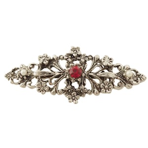 1990s Vintage 2&quot; red rhinestone pearl antique silver filigree retro victorian edwardian belle epoque small cute floral brooch
