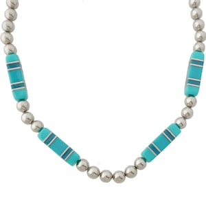 1990s Vintage turquoise and dark blue rectangle bar and silver large beaded skater kawaii alternative rock chunky long unisex necklace