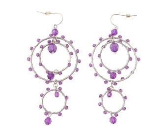 2000s Y2K Vintage 3.75" purple beaded antique silver circle bohemian festival long dangly delicate statement ethnic chandelier earrings