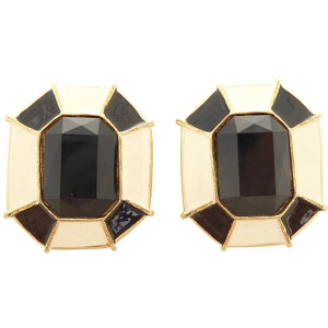 1980s Vintage black and cream glossy enamel and gold abstract extra large oversize chunky big statement dramatic clip on earrings