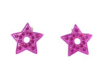 May include: A pair of star-shaped stud earrings in a vibrant hot pink color. Each earring features a central circular cutout and is encrusted with numerous small, sparkling pink stones that cover the entire surface of the star shape.