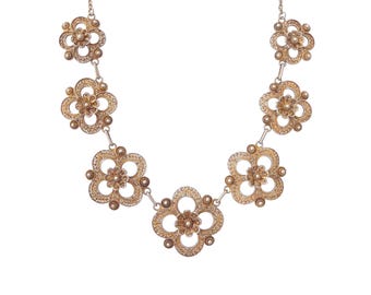 1970s Vintage dull gold delicate cannetille flower link bohemian festival chunky retro retrostyle ornate cutout floral necklace
