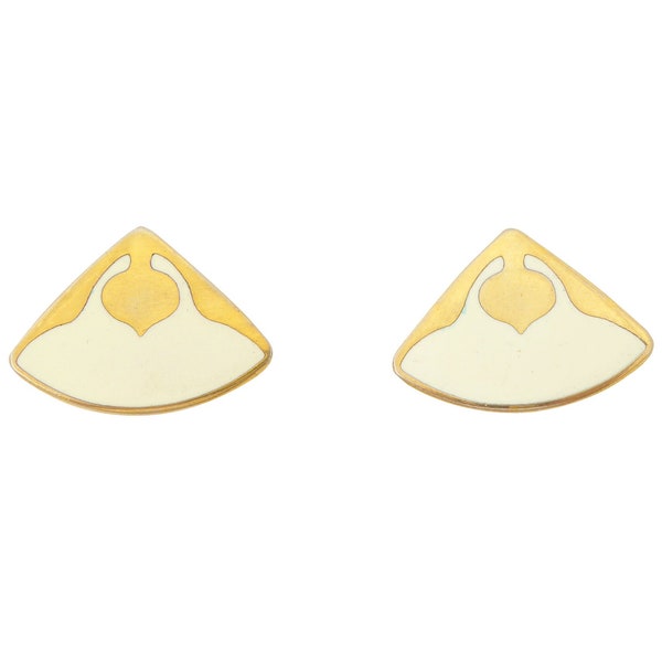 1980s Vintage Laurel Burch gold and cream enamel manta ray flat shiny minimal small cute abstract animal sea creature stud earrings