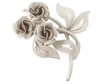 1970s Vintage silver rose flower spray bouquet retro cute flower sweet retrostyle chunky statement sculptural leaf plant brooch