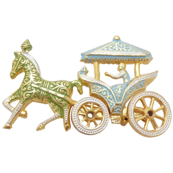 Vintage made in Spain damascene pastel green and blue with gold horse show pony carriage chariot royalty colorful unique brooch