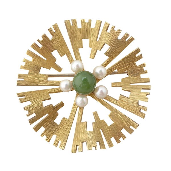 1960s Vintage Krementz gold brutalist abstract star and green and white pearl flower retro wavy cute geometric brooch
