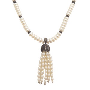 1980s Vintage 1930s or 1920s inspired freshwater pearl, sterling silver, marcasite stone tassel retro great gatsby statement necklace