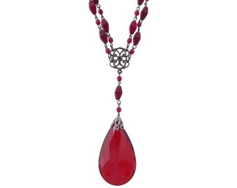 2000s Y2K Vintage dark red beaded glass two strand antique silver swirly large teardrop pendant victorian gothic vampire statement necklace
