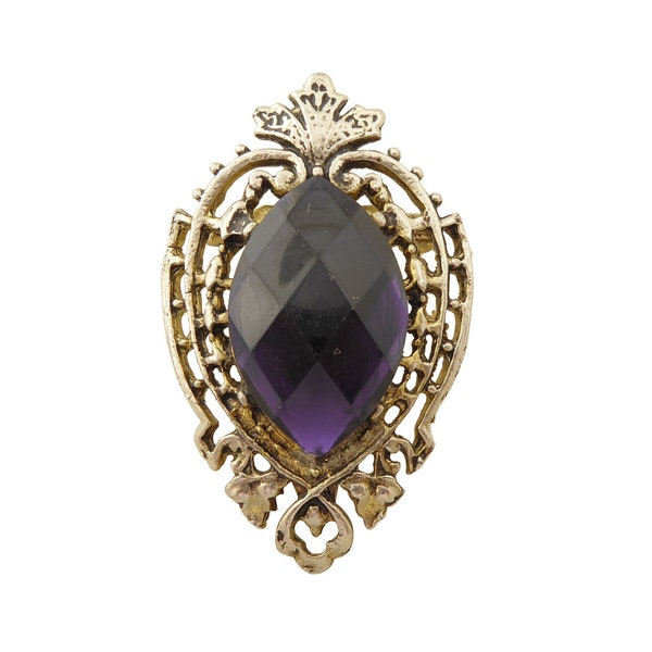 1990s Vintage Victorian 2" inspired dark purple marquise navette faceted gem antique gold large jewel tone retro filigree brooch