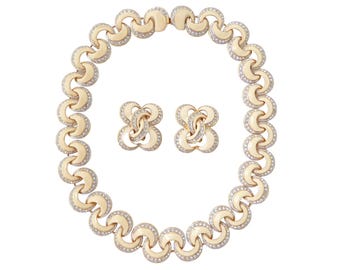 Vintage cream enamel silver rhinestone crescent rounded link sparkly chunky statement clip on earring and collar necklace jewelry set