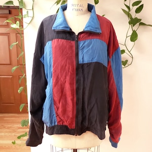 1990s Vintage men&#39;s silk colorblock windbreaker geometric oversize loose colorful zip up athleisure relaxed lightweight jacket