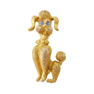 1960s Vintage brushed gold poodle dog light blue rhinestone eye cute small retro retrostyle adorable pet sweet kawaii kitsch brooch