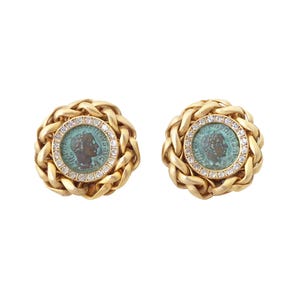 1980s Vintage 1 3/8" roman copper coin and matte gold chain rhinestone circle thick historical chunky statement hip hop rapper earrings