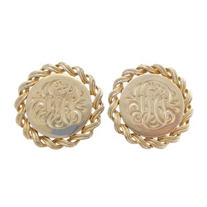 1970s Vintage Coro gold large engraved emblem initials rope border circular retro extra large huge gigantic chunky statement clip ons