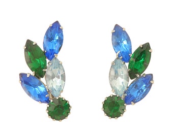 1950s Vintage royal blue and forest green navette marquise rhinestone and silver retro ear climber mid century sparkly clip on earrings