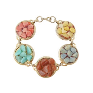 2000s Vintage y2k multistone pink green goldstone blue kyanite yellow disk chunky gold boho unusual weird odd statement link bracelet