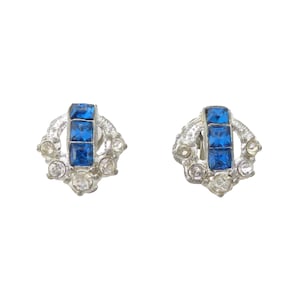 1940s Vintage royal blue square rhinestone silver pot metal circular cutout wreath retro mid century retrostyle small screw back earrings