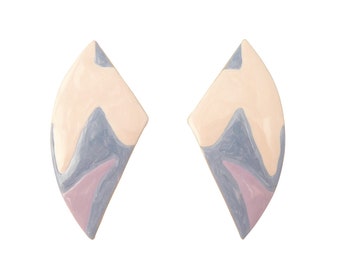 1980s Vintage Lawrence Bott pastel blue cream lavender shimmer enamel hand painted geometric unusual large big chunky statement earrings