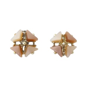 1950s Vintage beige and light brown moonglow thermoset lucite plastic triangle retro chunky statement mid century gold clip on earrings