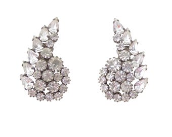 1980er Vintage 1 7/20,3 cm klare Strass und silberne große Tropfen 1950er Jahre inspirierte retro funkelnde klobige Statement elegant formelle Ohrclips