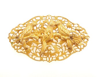 Vintage 1930's inspired antique gold 3" large filigree stamping birds on a branch retro statement intricate lacy big gigantic brooch