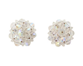 1950s Vintage Laguna iridescent aurora borealis crystal beaded cluster sparkly chunky statement formal dressy evening retro clip on earrings