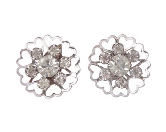 1950s Vintage silver heart cutout and rhinestone abstract flower floral cute bohemian boho retro chunky statement clip on earrings
