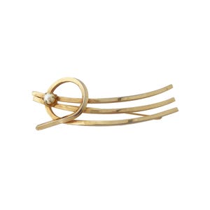1970s Vintage 3" gold bar curved lines circular loop faux pearl abstract long chunky large statement retro sculptural geometric swoop brooch