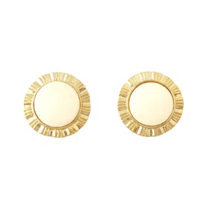 1980s Vintage gold ridged sun disk and bone circle cabochon puffy circular abstract minimalist extra large big chunky statement earrings