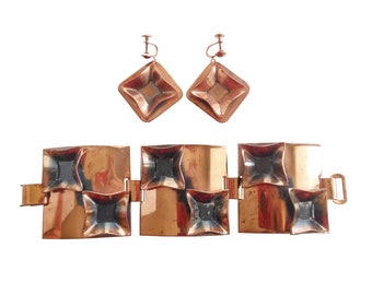 1940s Vintage extra large bold copper diamond square wonton pattern geometric mid century huge gigantic chunky statement jewelry set