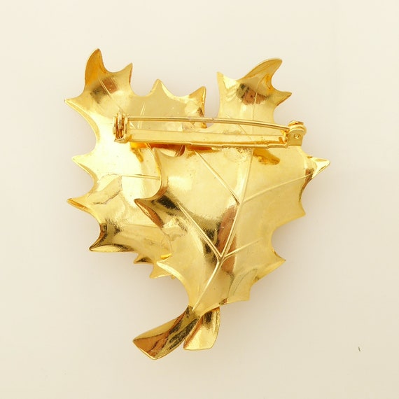 Vintage 2" bright yellow gold shiny holly leaves … - image 4