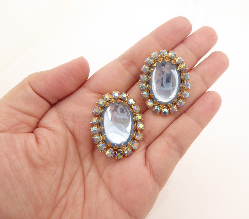 1960s Light blue cabochon glass and iridescent aqua aurora borealis rhinestone large dramatic sparkly extra statement clip on earrings