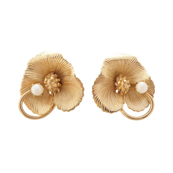 1950s Vintage gold three petal flower with a faux… - image 1