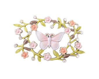 2000s Y2K Vintage pastel pink butterfly green leaves orange flowers rhinestone silver kitschy kawaii belt buckle