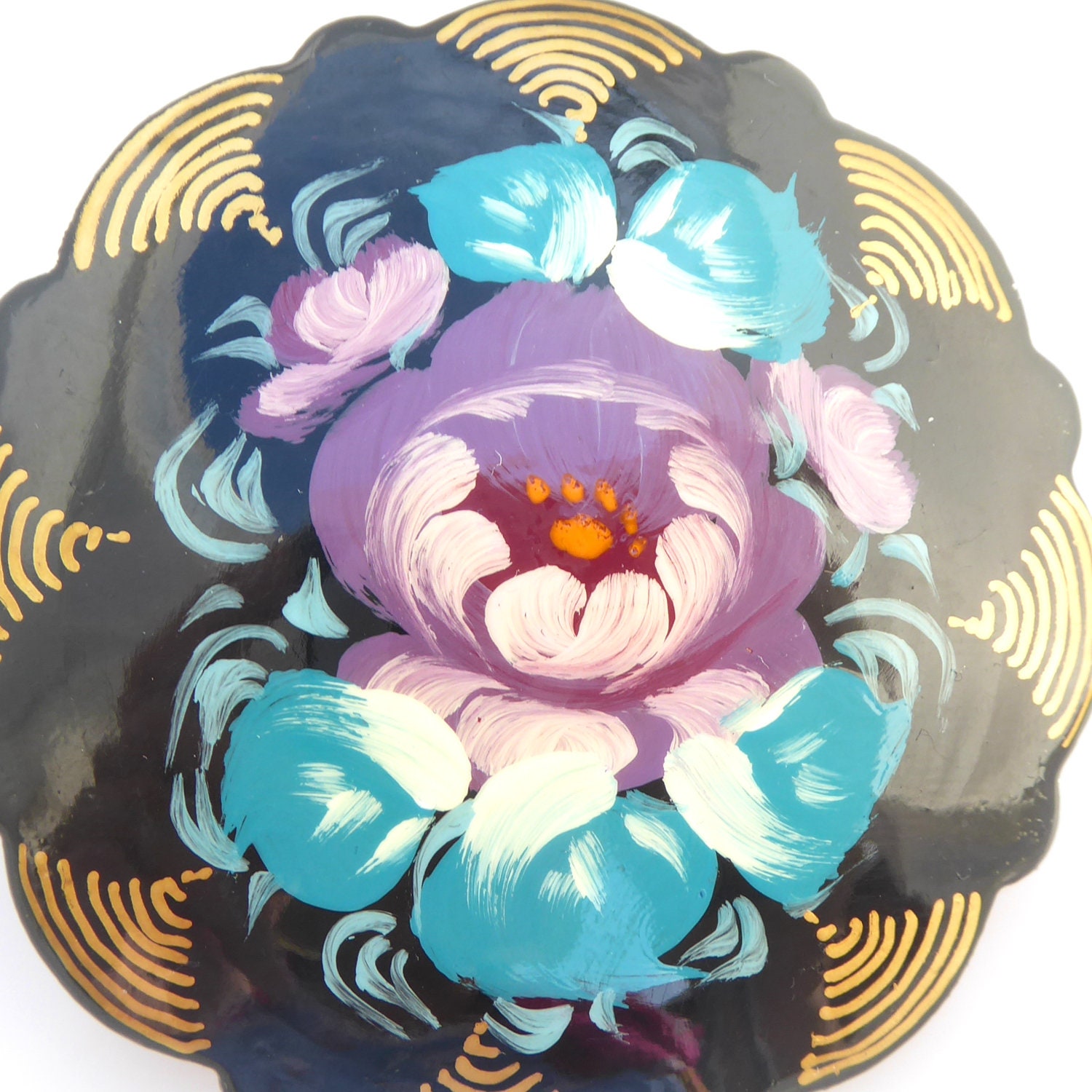Broche Russe Jostovo – Peinte à La Main, Motif Fleurs, Papier Mâché, Noir