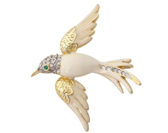 2000s Y2K vintage cream enamel gold bird rhinestone green eye flying dove cute kawaii chunky statement sweet kawaii brooch