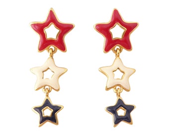 1990s Vintage red white navy blue enamel gold star fourth of july patriotic america usa puffy dangly chunky statement long earrings