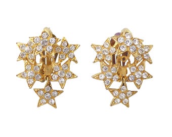 1980s Vintage gold rhinestone layered star dangling sparkly chunky statement high fashion celestial big large clip on earrings
