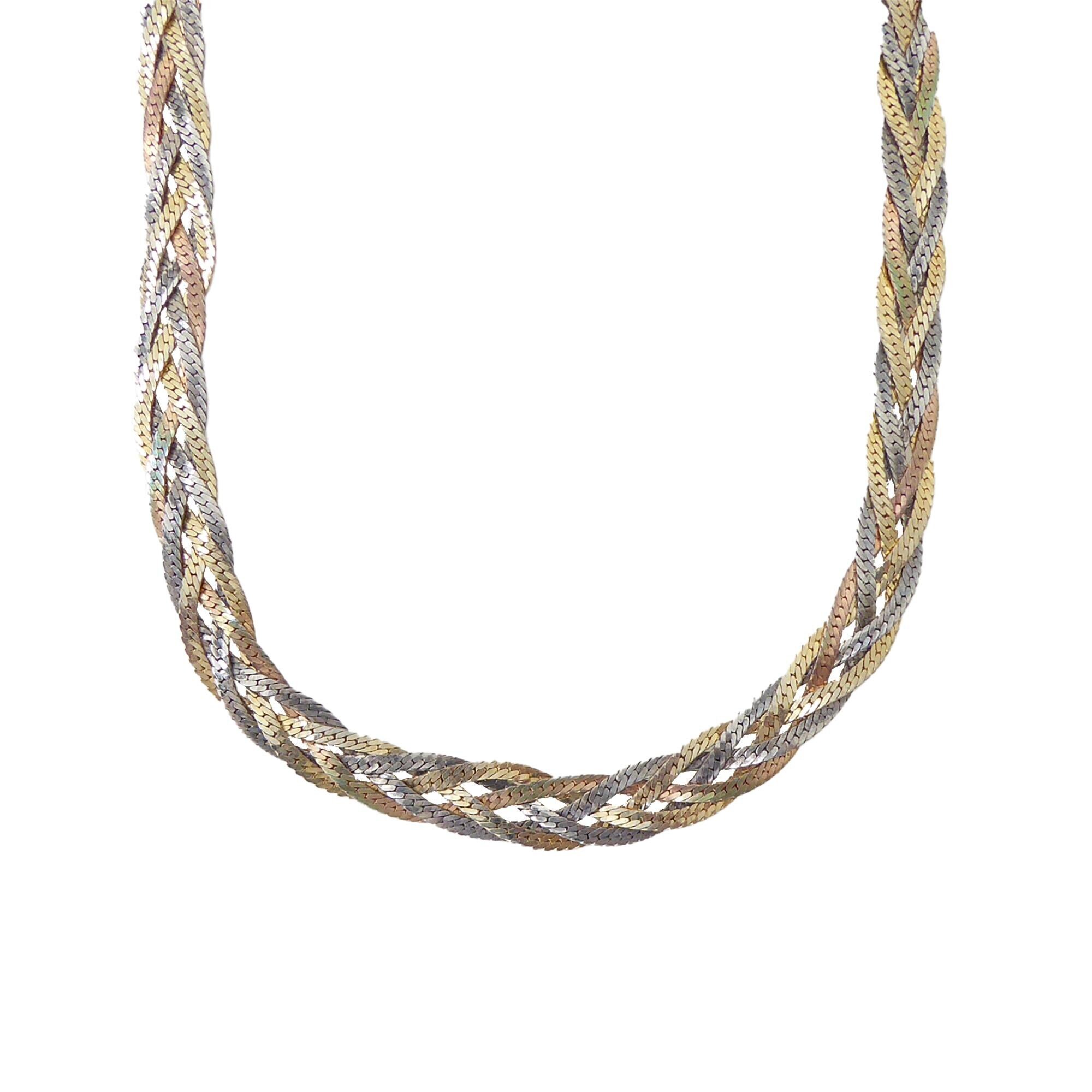 Collier Vintage Années 80 Métal Tressé Doré Avec Strass - Longueur 38 Cm, Style Perles Et Fleurs
