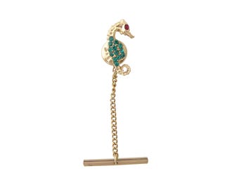 Vintage gold seahorse red and green rhinestone ocean sea creature cute small kitschy kawaii retro men's tie tack pin