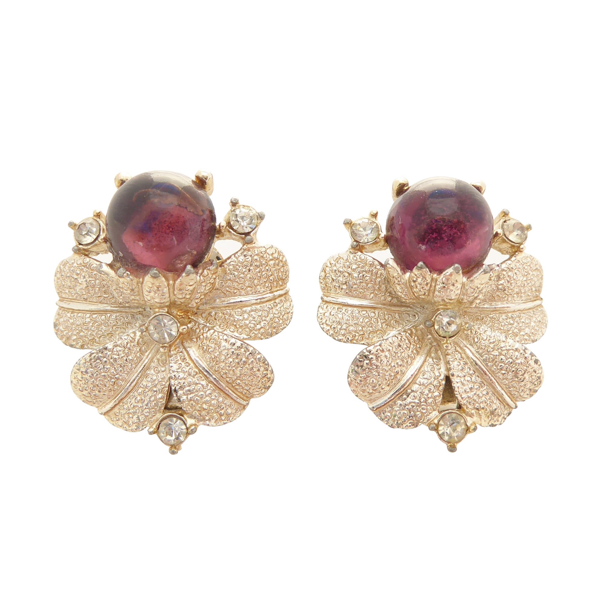 1950s Vintage purple glass cabochon and light gold clover leaf and rhinestone sparkly unique retro chunky big statement clip on earrings