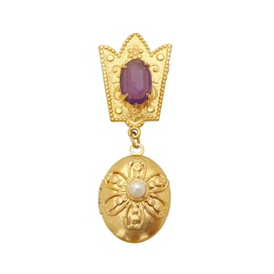 1980s Gold crown and purple rhinestone and pearl oval filigree flower locket royal queen cute colorful sentimental brooch