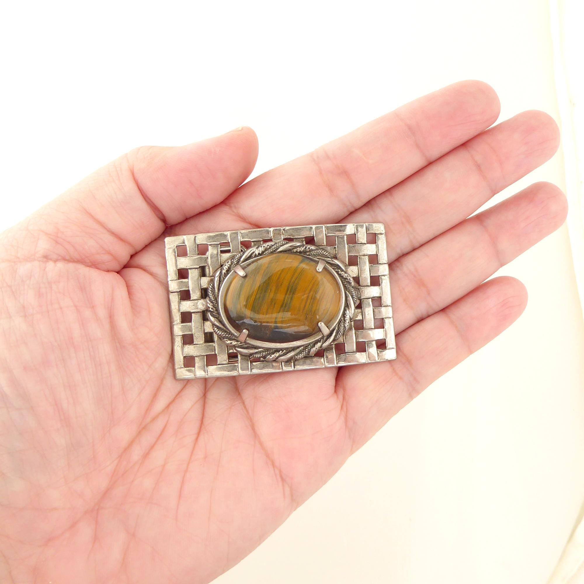 Vintage Belt Buckle Silver Tone Tigers Eye Cabochon Gemstone Western Cowgirl Tiger-eye Stone Mens Belt Buckle - Western Cowboy Native  main image 3
